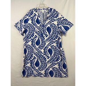 H&M Shift Tunic Dress Womens Medium Blue White Hawaiian Botanical Viscose